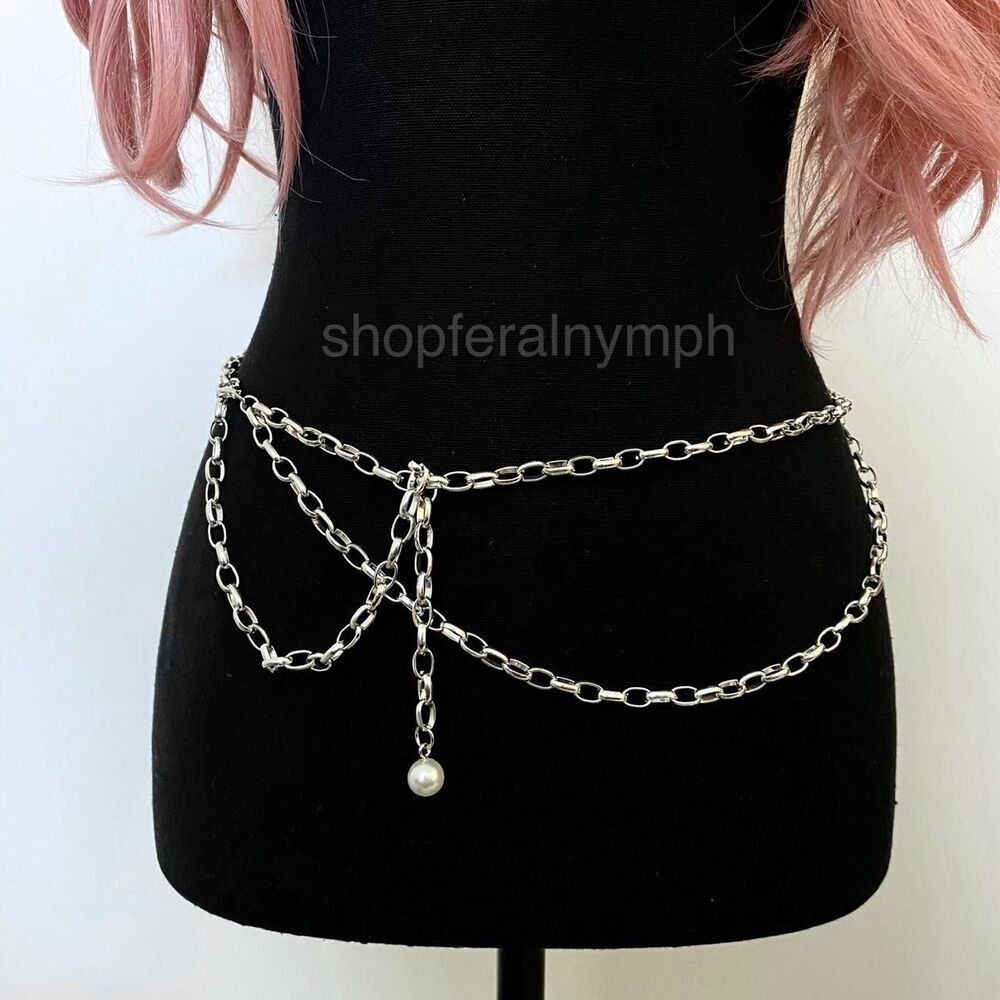 Silver Y2K Pearl Layered Draped Link Chain Belt, Fits 13.5-40.5 Inches, X7GA1283 - Picture 3 of 7